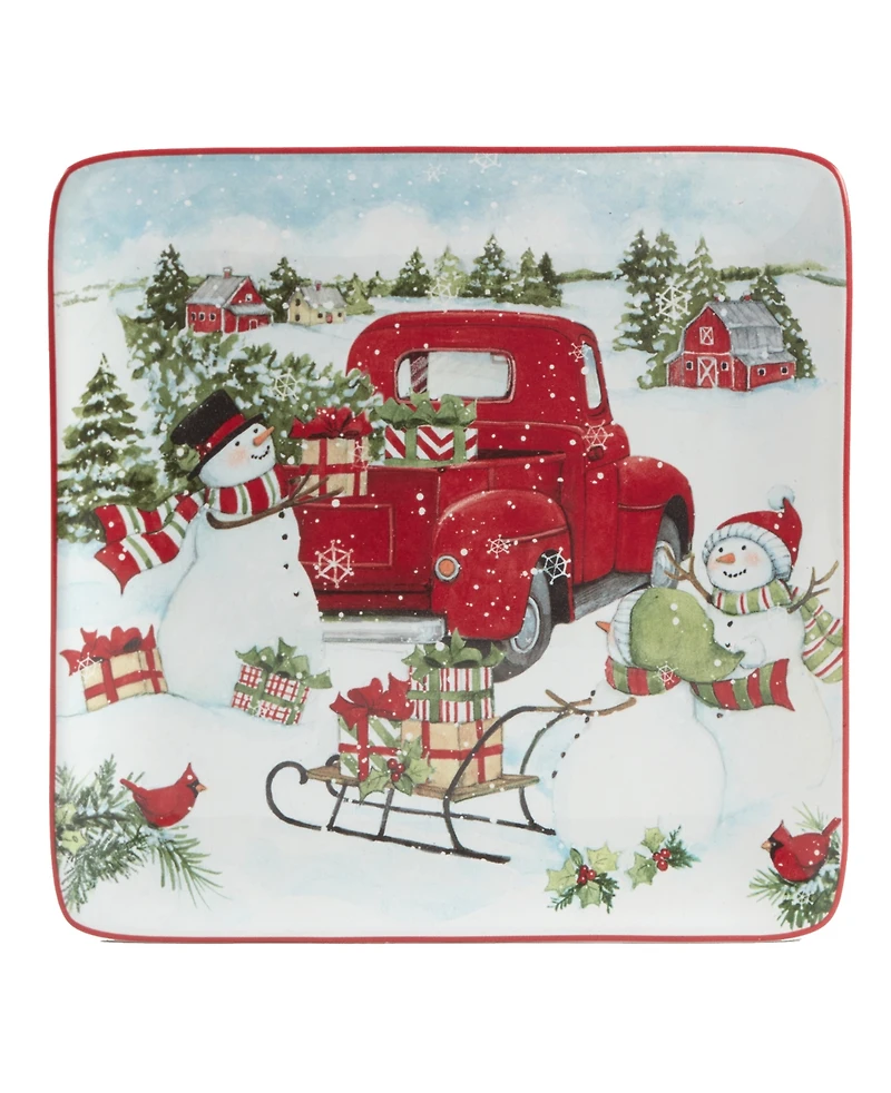 Certified International Red Truck Snowman 4 Piece Dessert Plate Set
