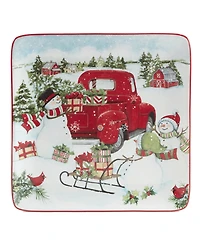 Certified International Red Truck Snowman 4 Piece Dessert Plate Set