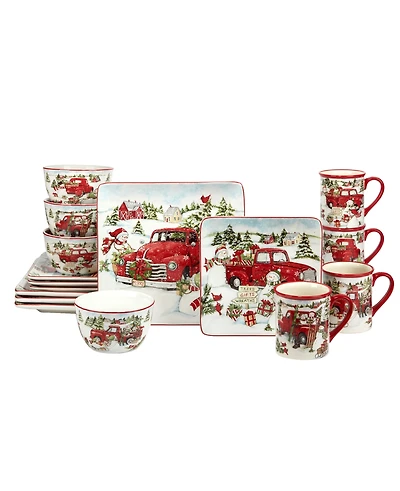 Certified International Red Truck Snowman 16 Piece Dinnerware Set
