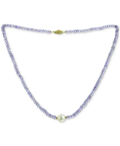 Gemstone and Cultured Pearl (9-10 mm) Strand Necklace 14k Yellow Gold (Available Ruby (80-1/2 ct. t.w), Sapphire t.w.), Emerald