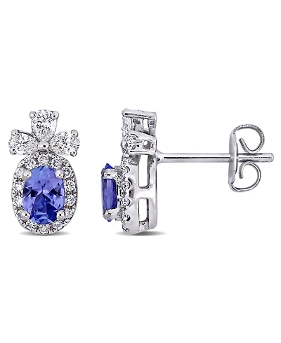 Tanzanite and Diamond Floral Halo Earrings in 14K White Gold