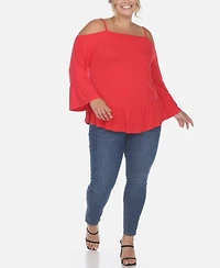White Mark Plus Cold Shoulder Ruffle Sleeve Top