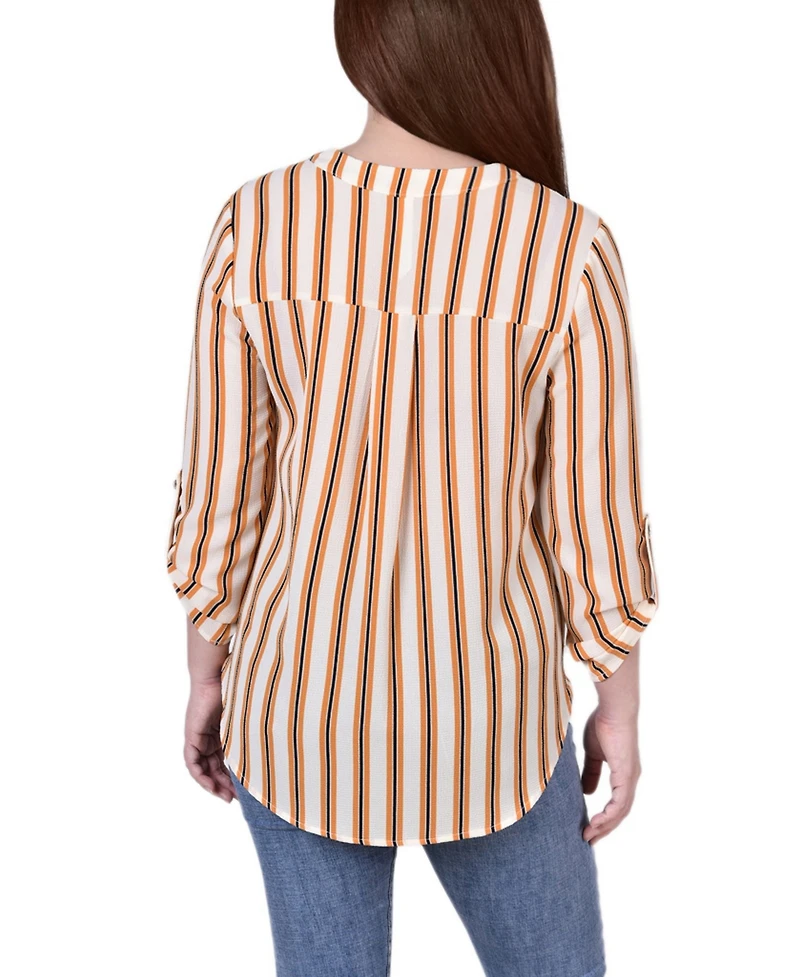 Petite Size 3/4 Push Tab Mandarin Collar Blouse with Front Pleats