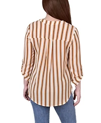 Petite Size 3/4 Push Tab Mandarin Collar Blouse with Front Pleats