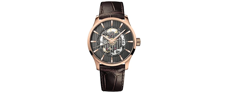 Mido Men's Swiss Automatic Multifort Skeleton Vertigo Brown Leather Strap Watch 42mm