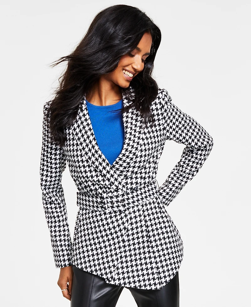 Tahari Asl Women's Houndstooth Belted Asymmetrical Jacket