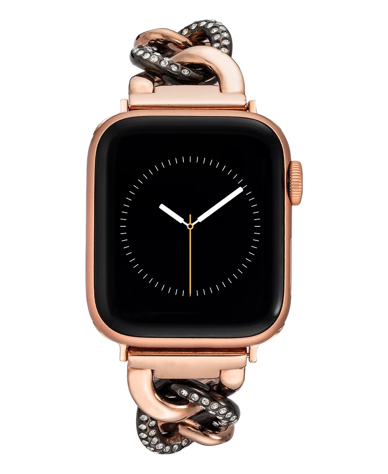 Anne Klein Women's Black and Rose Gold-Tone Alloy Metal Chain Link Bracelet with Premium Crystals designed for Apple Watch 42mm (Series 10) & 38/40/41