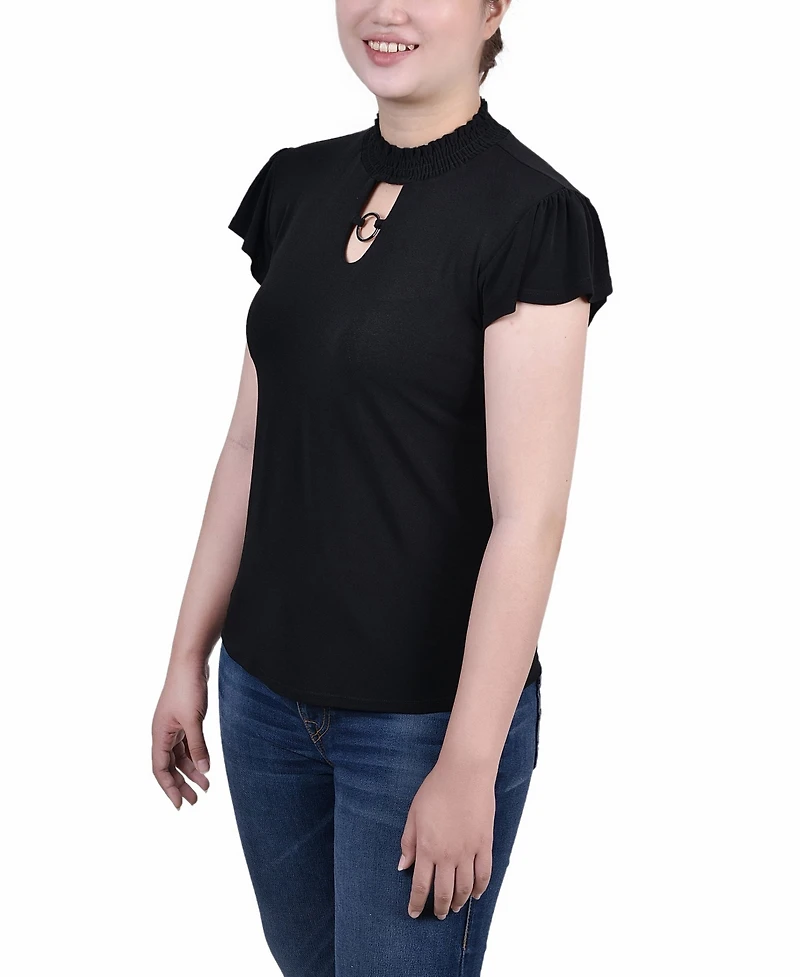 Petite Short Flutter Sleeve Mock Neck Top