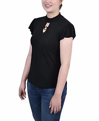 Petite Short Flutter Sleeve Mock Neck Top