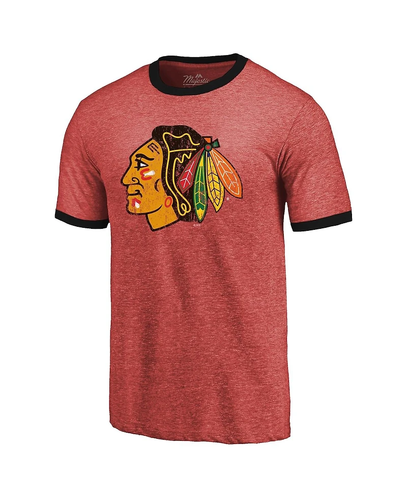 Men's Majestic Threads Heathered Red Chicago Blackhawks Ringer Contrast Tri-Blend T-shirt