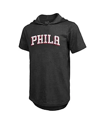Men's Majestic Threads Heathered Black Philadelphia 76ers Wordmark Tri-Blend Hoodie T-shirt