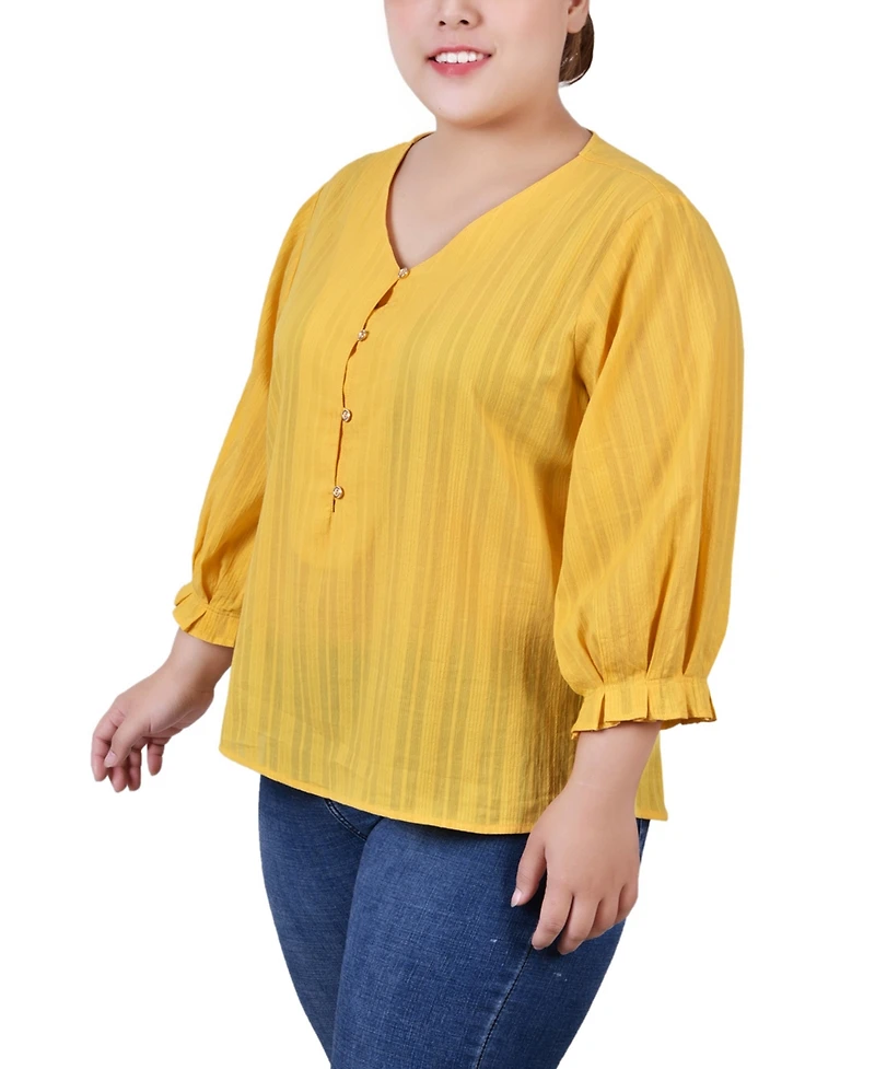 Ny Collection Plus 3/4 Sleeve Button Placket Jacquard Blouse