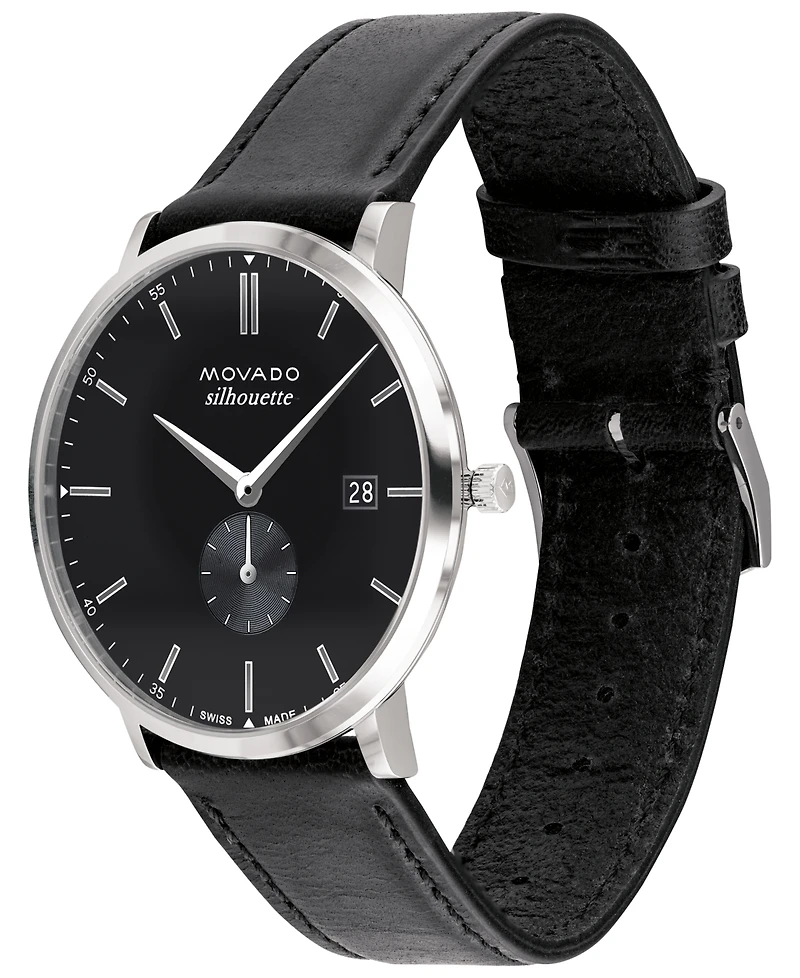 Movado Men's Heritage Black Genuine Leather Strap Watch 40mm