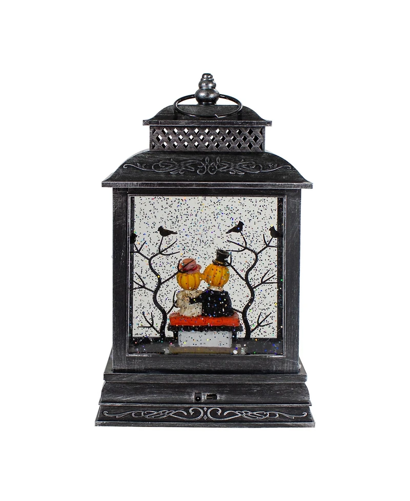 Lighted Black Halloween Snow Globe Lantern with Pumpkin Couple, 11.5"