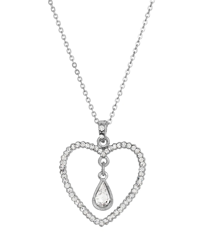 2028 Silver-Tone Clear Crystal Heart Teardrop Necklace