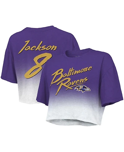 Women's Majestic Threads Lamar Jackson Purple, White Baltimore Ravens Drip-Dye Player Name and Number Tri-Blend Crop T-shirt