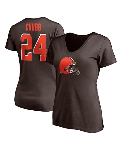 Women's Fanatics Nick Chubb Brown Cleveland Browns Player Icon Name and Number V-Neck T-shirt