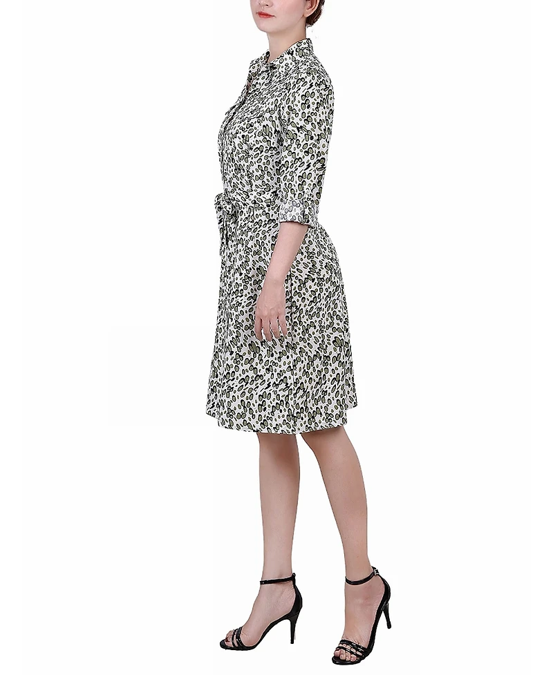 Ny Collection Petite Printed Long Sleeve Roll Tab Shirtdress