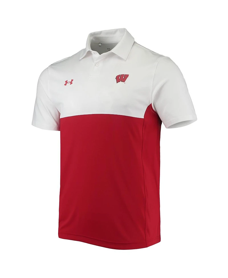 Men's Under Armour White, Red Wisconsin Badgers 2022 Blocked Coaches Performance Polo Shirt