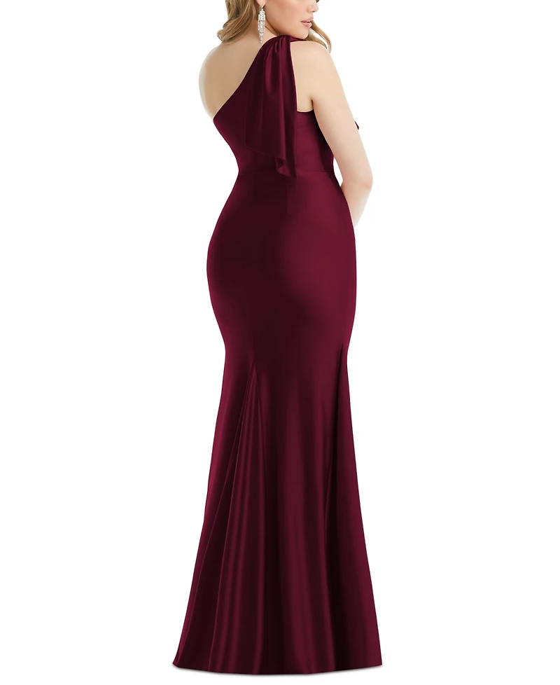 Cynthia & Sahar Women's Cascading Bow One-Shoulder Stretch Satin Mermaid Dress with Slight Train