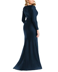 Cynthia & Sahar Women's Long Sleeve Draped Wrap Stretch Satin Mermaid Dress with Slight Train