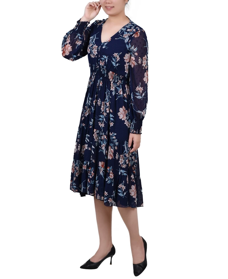 Women's Long Sleeve Clip Dot Chiffon Dress with Smocked Waist and Cuffs