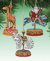 Designocracy Tiger, Santa, Giraffe Christmas Carousel Holiday Ornaments