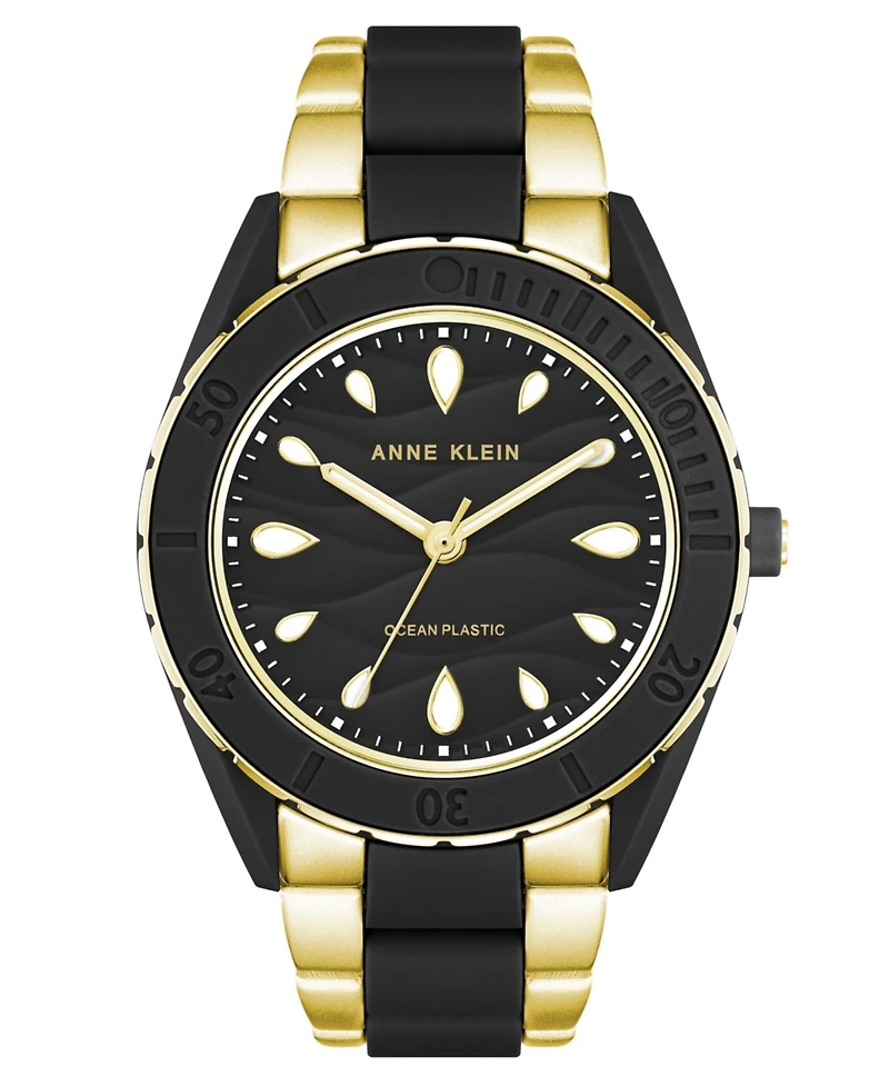 Anne Klein Women's Three-Hand Quartz Gold-Tone and Black Solar Oceanwork Plastic Bracelet Watch, 38.5mm
