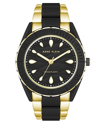 Anne Klein Women's Three-Hand Quartz Gold-Tone and Black Solar Oceanwork Plastic Bracelet Watch, 38.5mm