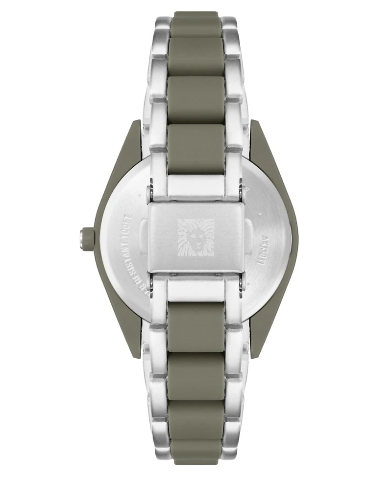 Anne Klein Women's Three-Hand Quartz Silver-Tone and Olive Green Solar Oceanwork Plastic Bracelet Watch, 38.5mm