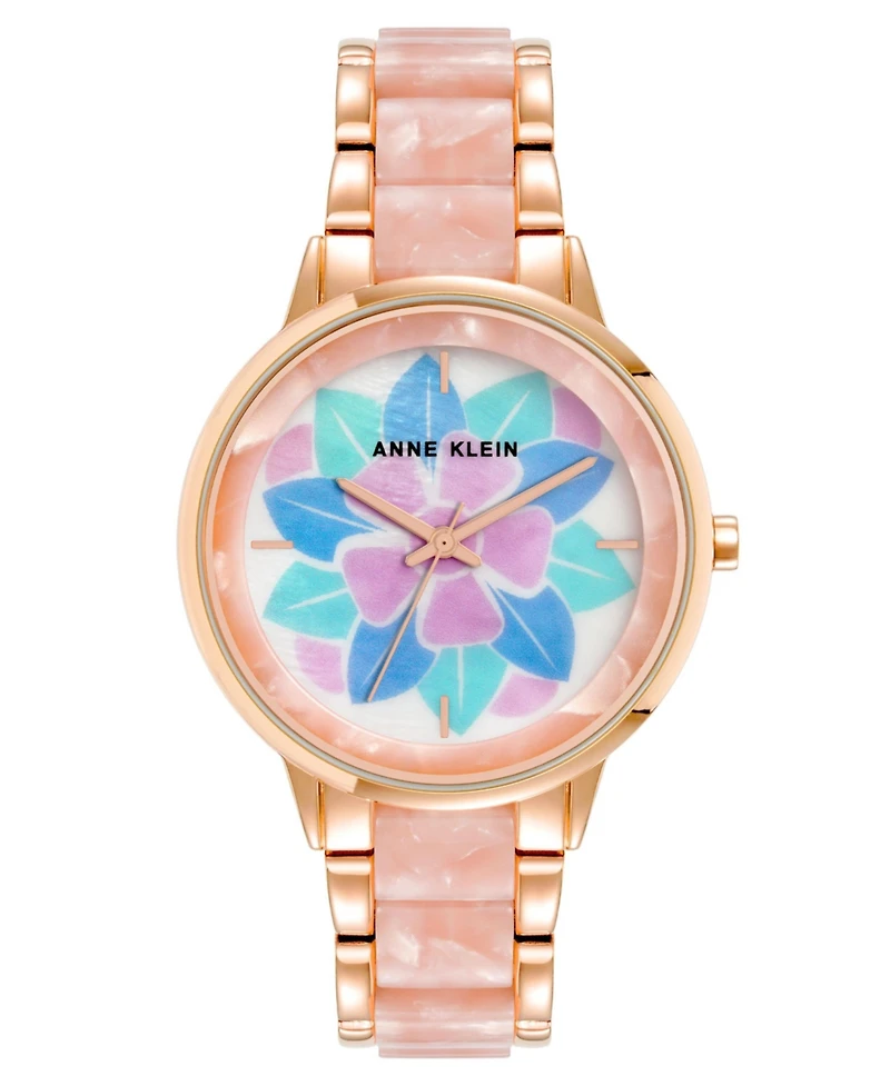 Anne Klein Women's Three-Hand Quartz Rose Gold-Tone Alloy with Pink Resin Bracelet Watch, 37mm