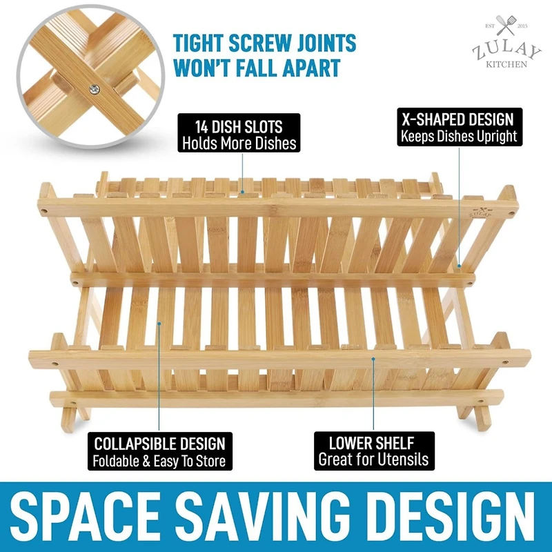 2-Tier Bamboo Collapsible Dish Drying Rack with Flatware Holder