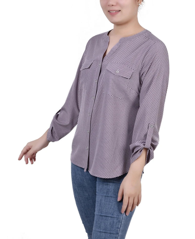 Petite 3/4 Sleeve Roll Tab Y Neck Blouse
