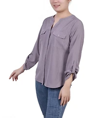 Petite 3/4 Sleeve Roll Tab Y Neck Blouse