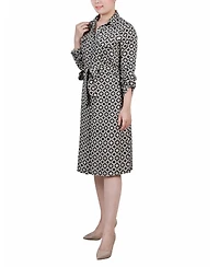 Ny Collection Petite Geometric Printed Long Sleeve Roll Tab Shirtdress