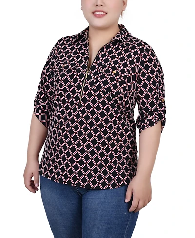 Ny Collection Plus Size Roll Tab Sleeve Zip Front Top