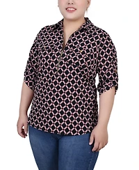 Ny Collection Plus Size Roll Tab Sleeve Zip Front Top