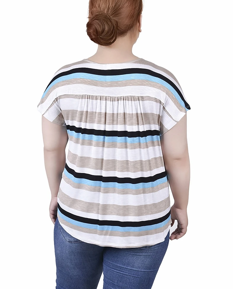 Ny Collection Plus Short Sleeve Striped V-neck Top