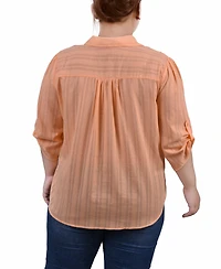 Ny Collection Plus 3/4 Roll Tab Sleeve Cotton Blouse