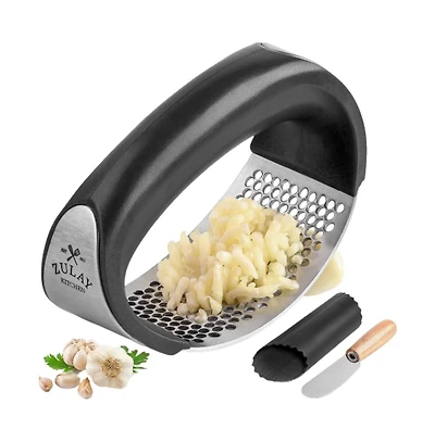 Stainless Steel Garlic Press Rocker Set - Premium Mincer Crusher with Peeler and Scraper