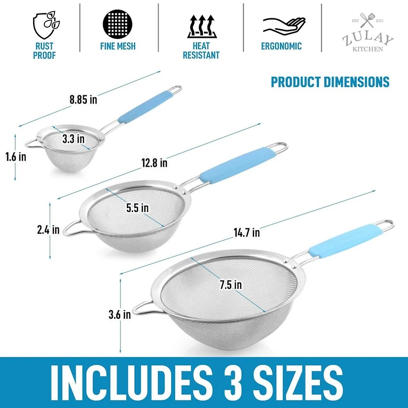Premium Stainless Steel Fine Mesh Strainer Set - Strainers for Kitchen (Set of 3) with Non-slip Handles