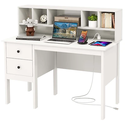48" Computer Desk with Power Outlets Type-c 5-Cubby Hutch & 2 Storage Drawers