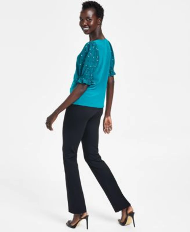 Cece Womens Mixed Media Puff Sleeve Top Slim Leg Bootcut Pants