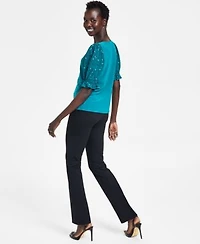 Cece Womens Mixed Media Puff Sleeve Top Slim Leg Bootcut Pants