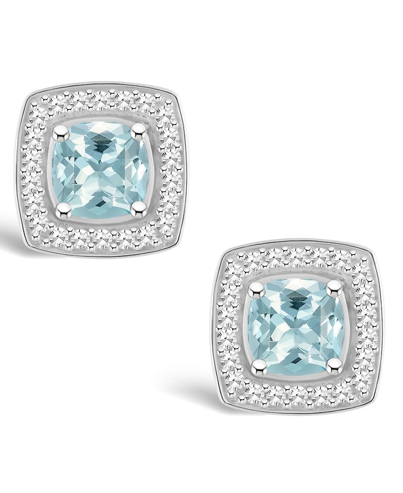 Macy's Aquamarine (1 ct. t.w.) and Diamond (1/5 ct. t.w.) Halo Studs in Sterling Silver