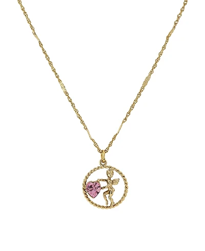 2028 Gold-Tone Suspended Cherub Angel and Light Rose Pink Heart Necklace