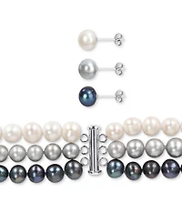 7-Pc. Set White, Black, & Gray Cultured Freshwater Pearl (7-1/2 - 8mm) Necklace, Bracelets, & Stud Earrings