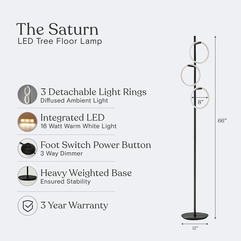 Saturn 66" Led Tree Floor Lamp with 3 Removeable Light Rings