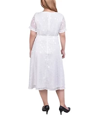 Ny Collection Plus Short Sleeve Belted Swiss Dot Dress