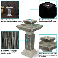 Sunnydaze Decor 25-Inch Square 2-Tier Outdoor Bird Bath Water Fountain - Led Lights - Electric Submersible Pump with Adjustable Flow